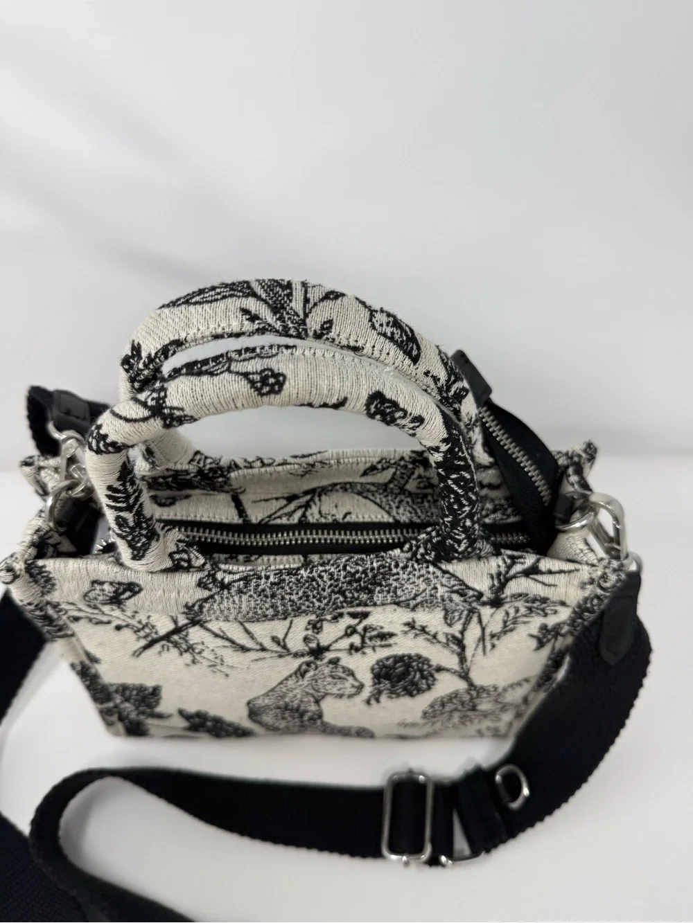 Black & Cream Printed Mini Tote Crossbody Bag with Detachable Strap